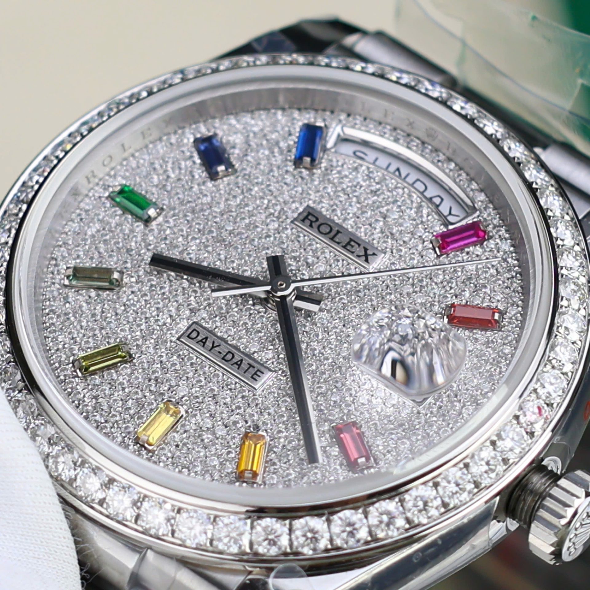 Rolex Day-Date 904L Steel Rainbow Pave Diamond Dial 40mm Super Clone