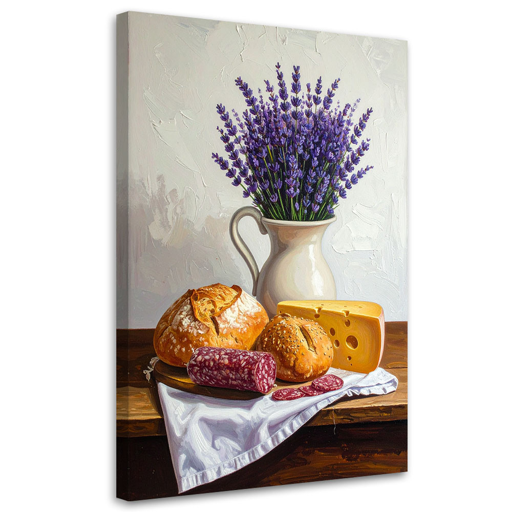 Obraz do kuchni jadalni restauracji, Martwa natura lawenda bułki 20x30