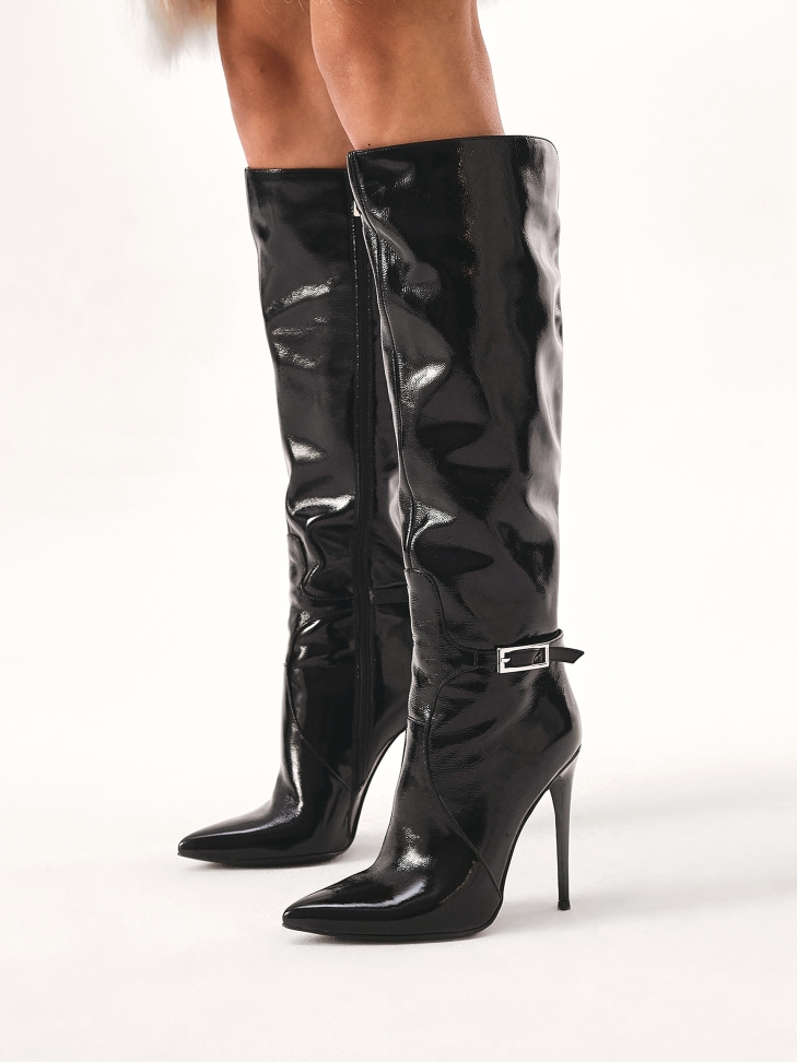 Patent leather stiletto heeled boots with cutout upper