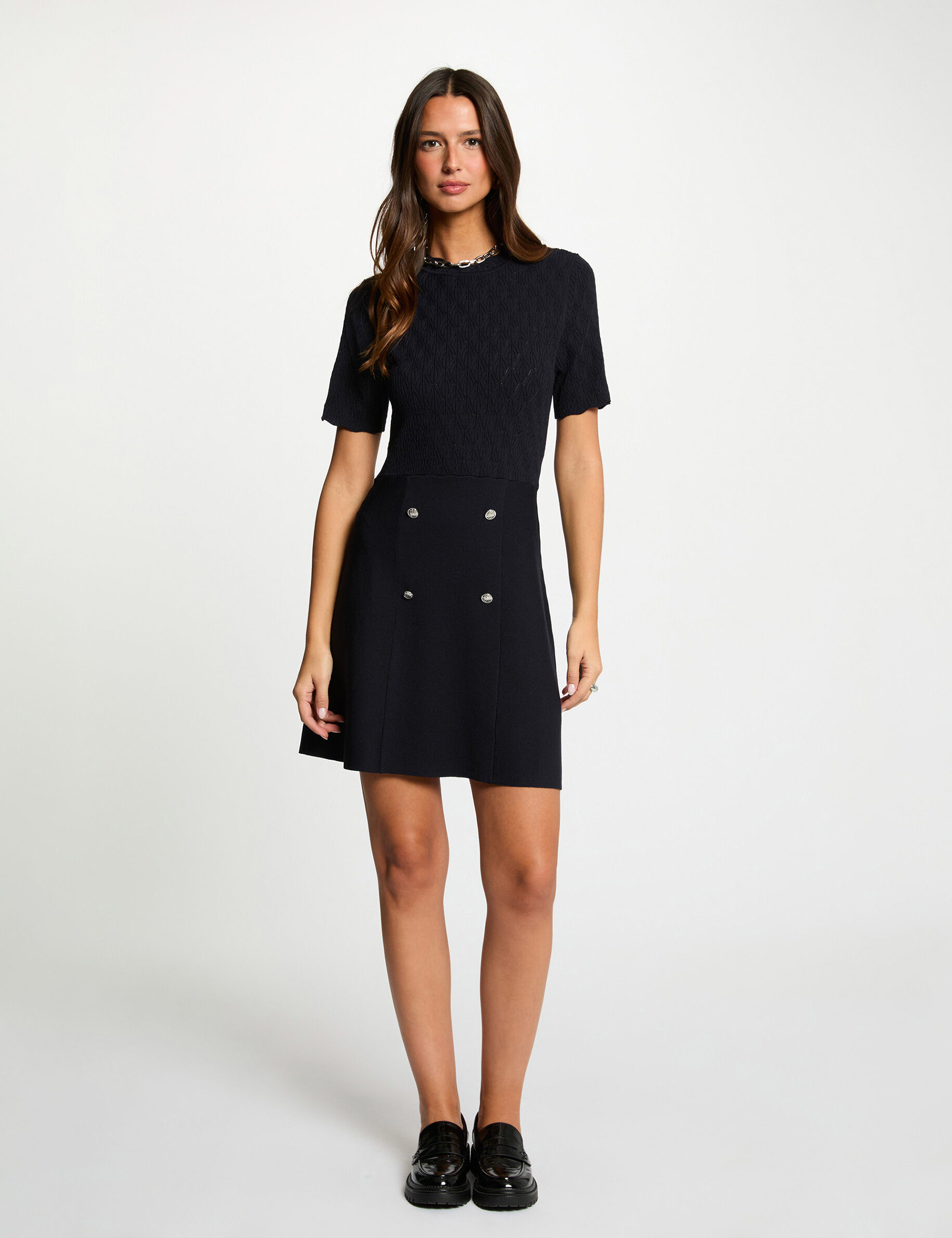 Short Knitted Dress With Round Neck Navy Blue Women