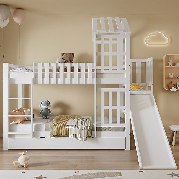 Lit superpose enfant 90x200 grand tiroir roulettes toboggan toit fenetres decoratifs pin MDF contreplaque blanc