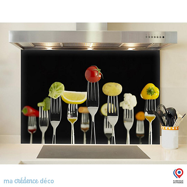 Crédence cuisine fond de hotte fourchettes et aliments 2 - Alu composite - L 70 cm x H 60 cm - MaCrédenceDéco