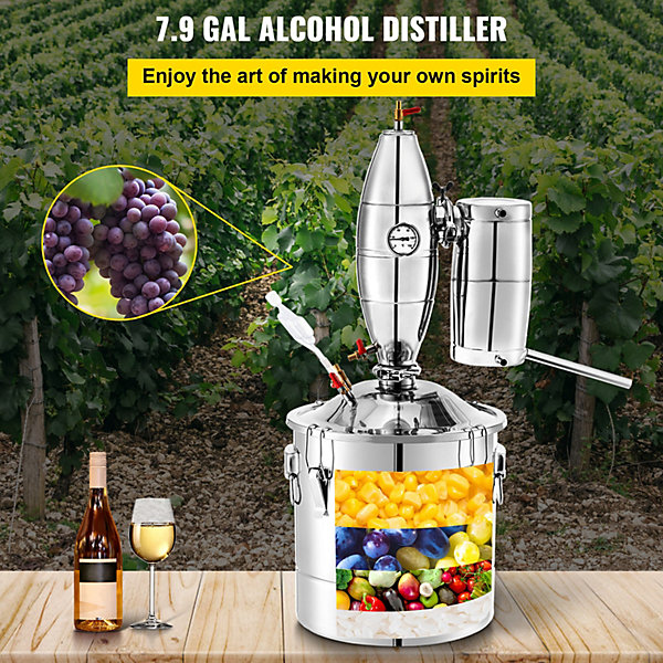 Distillateur alambic 30L inox, avec thermomètre, pompe, tour de redressement, pour fermentation.