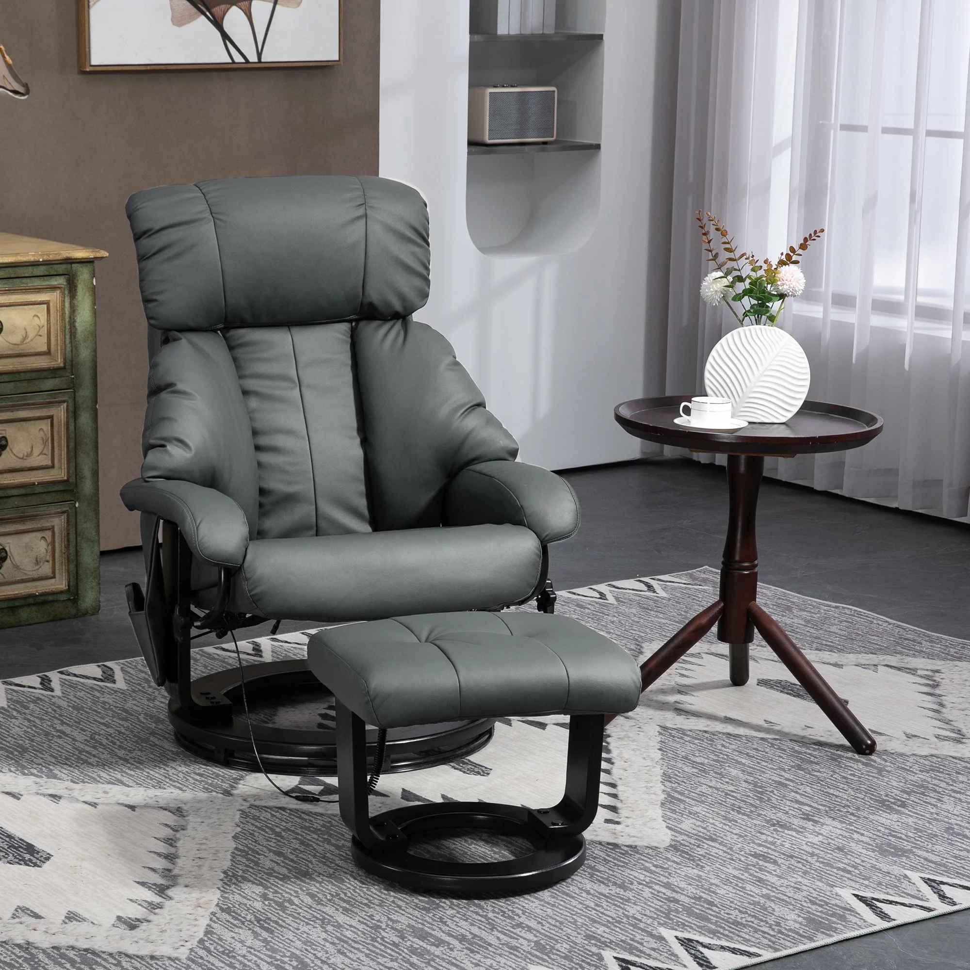 HOMCOM Massage Recliner Chair with Ottoman, 360° Swivel Recliner and Footstool, PU Leather Reclining Chair, Gray