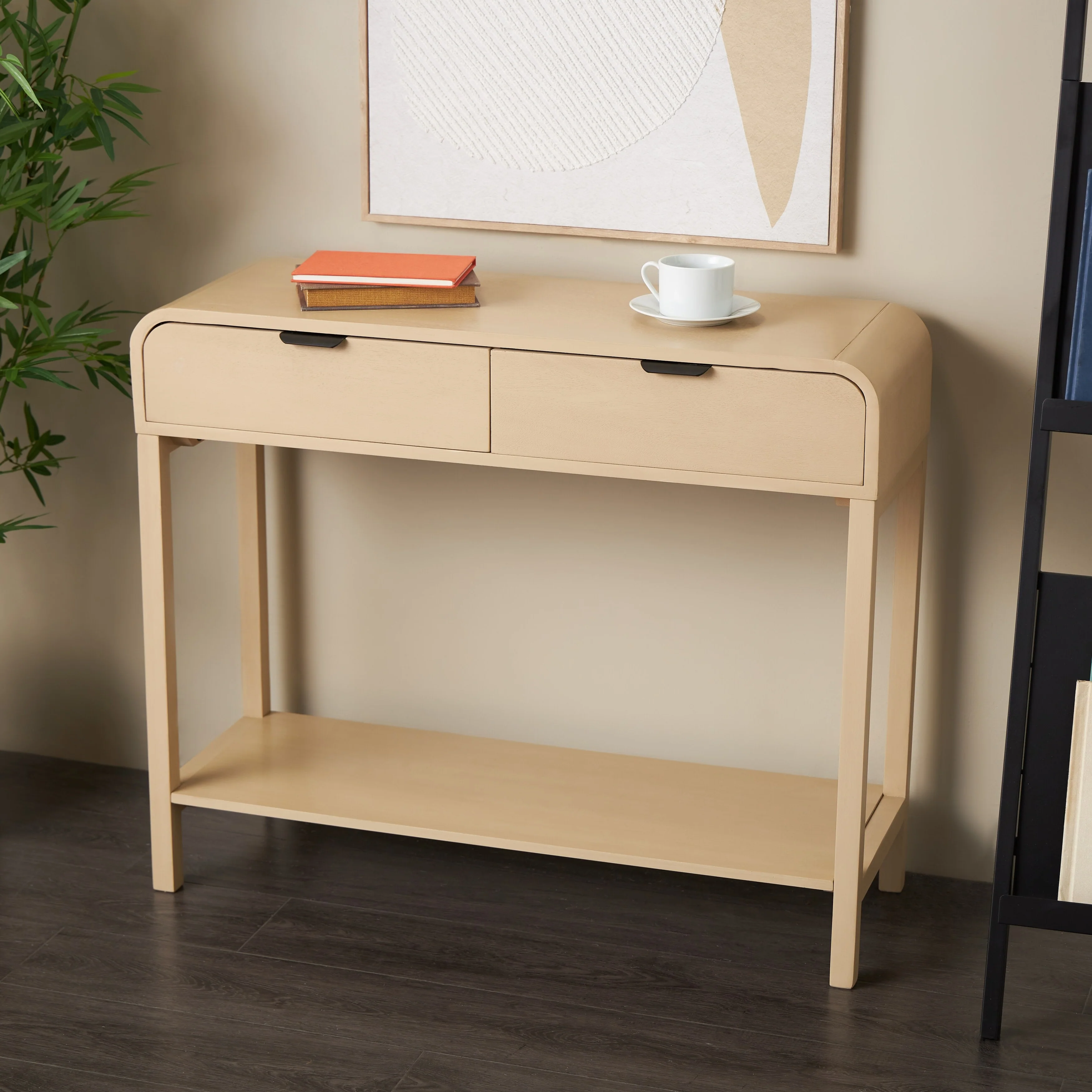 Wood Handmade 2 Drawer Console Table with Black Handles - Beige - Roche River Decor