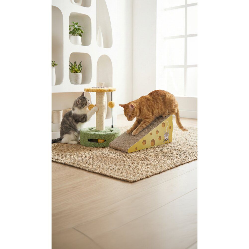 Arbre à chat forme fleur 1 perchoir 1 griffoir 3 jeux jaune et vert Ø26xH35cm