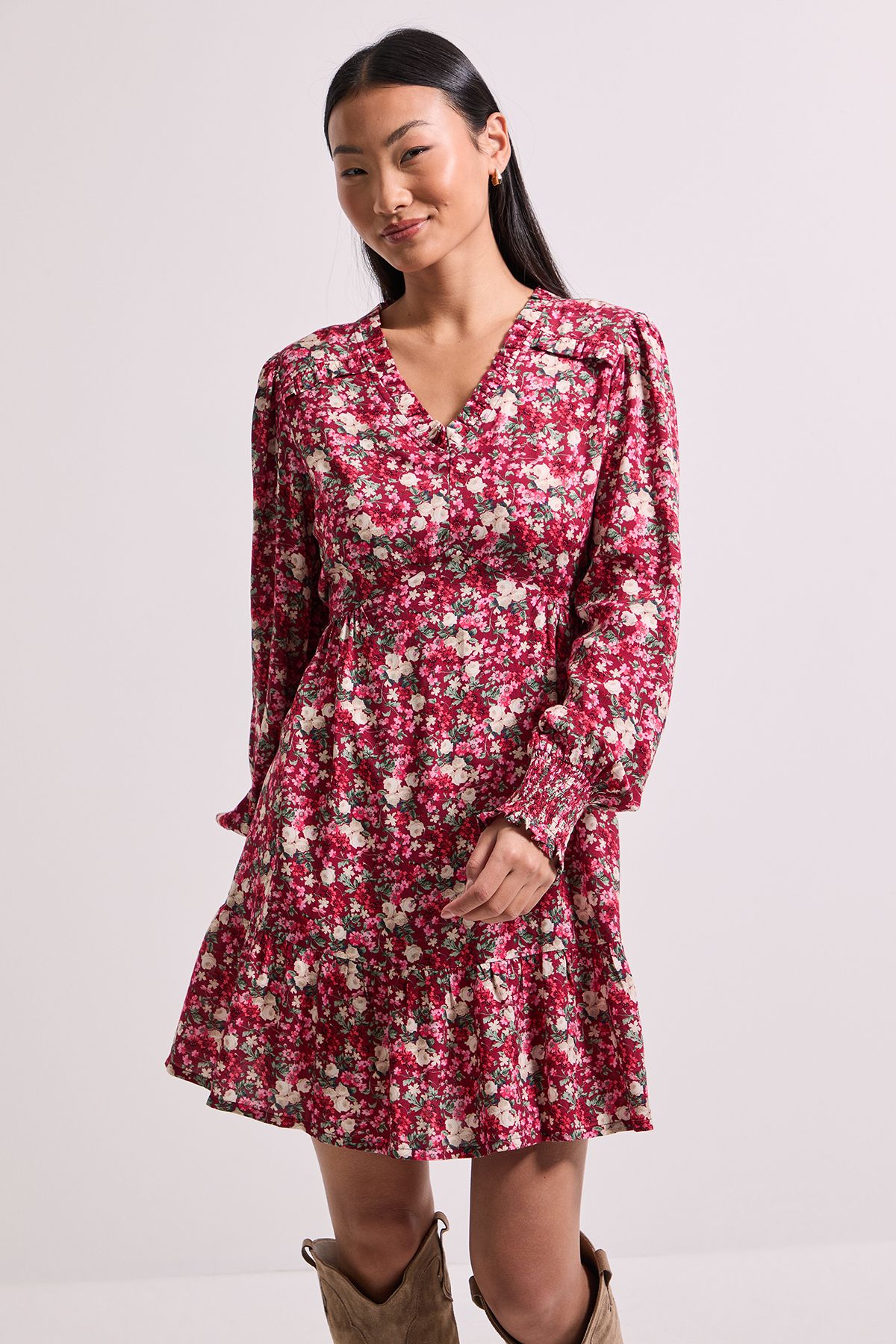 Dorothy Perkins Petite Frill Detail Tiered Smock Printed Mini Dress
