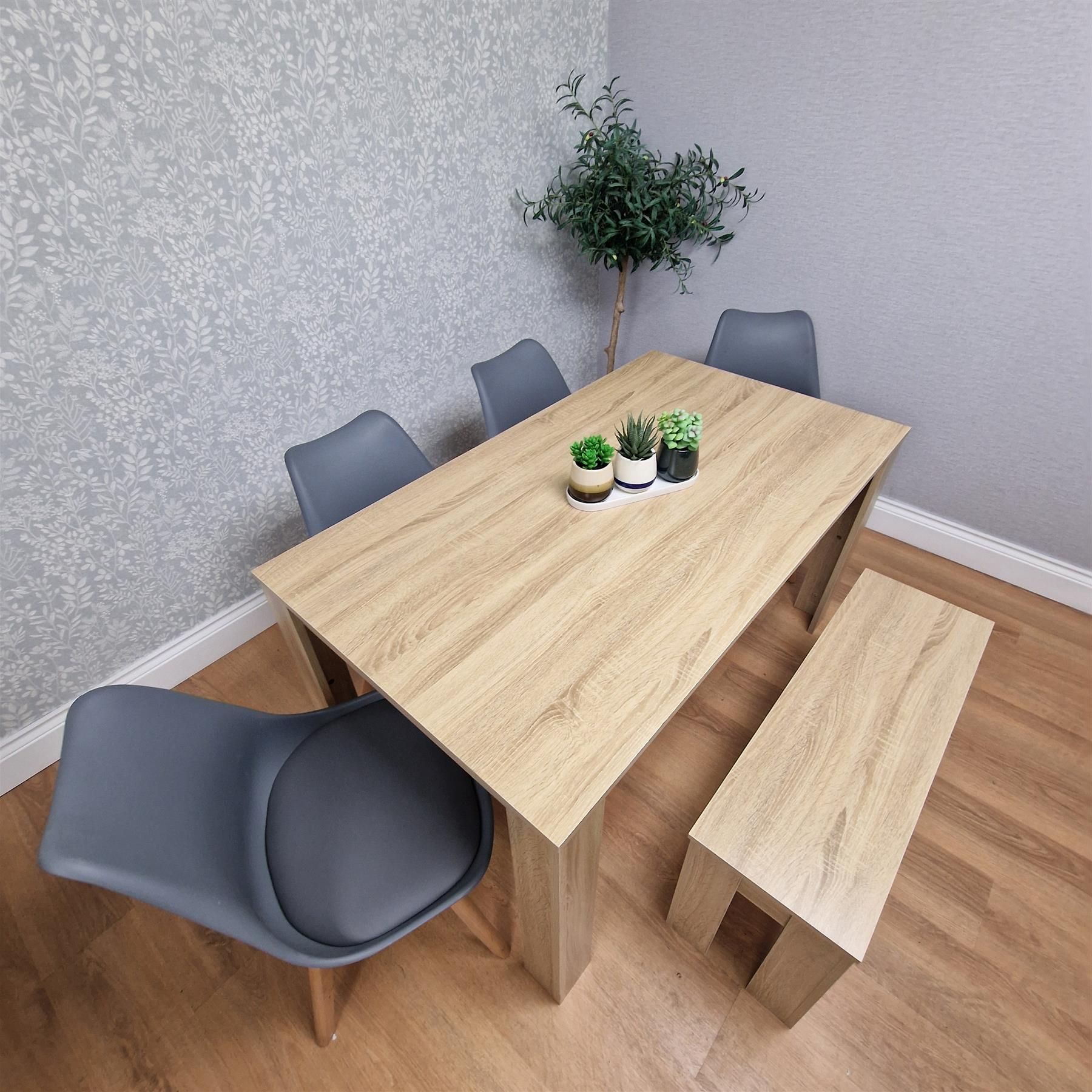 KOSY KOALA Oak Effect Dining Table Set With 4 Grey Plastic Chairs And Bench Dining Room Furniture