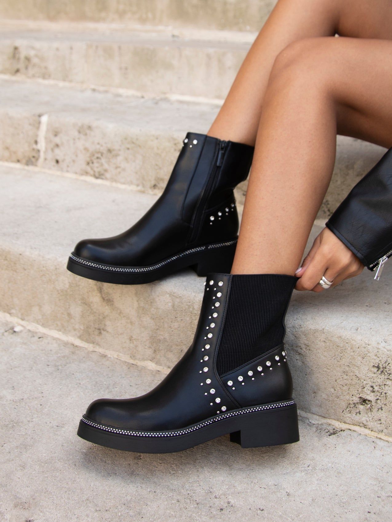 Linzi Optic Black Faux Leather Diamante Embellished Chelsea Boot