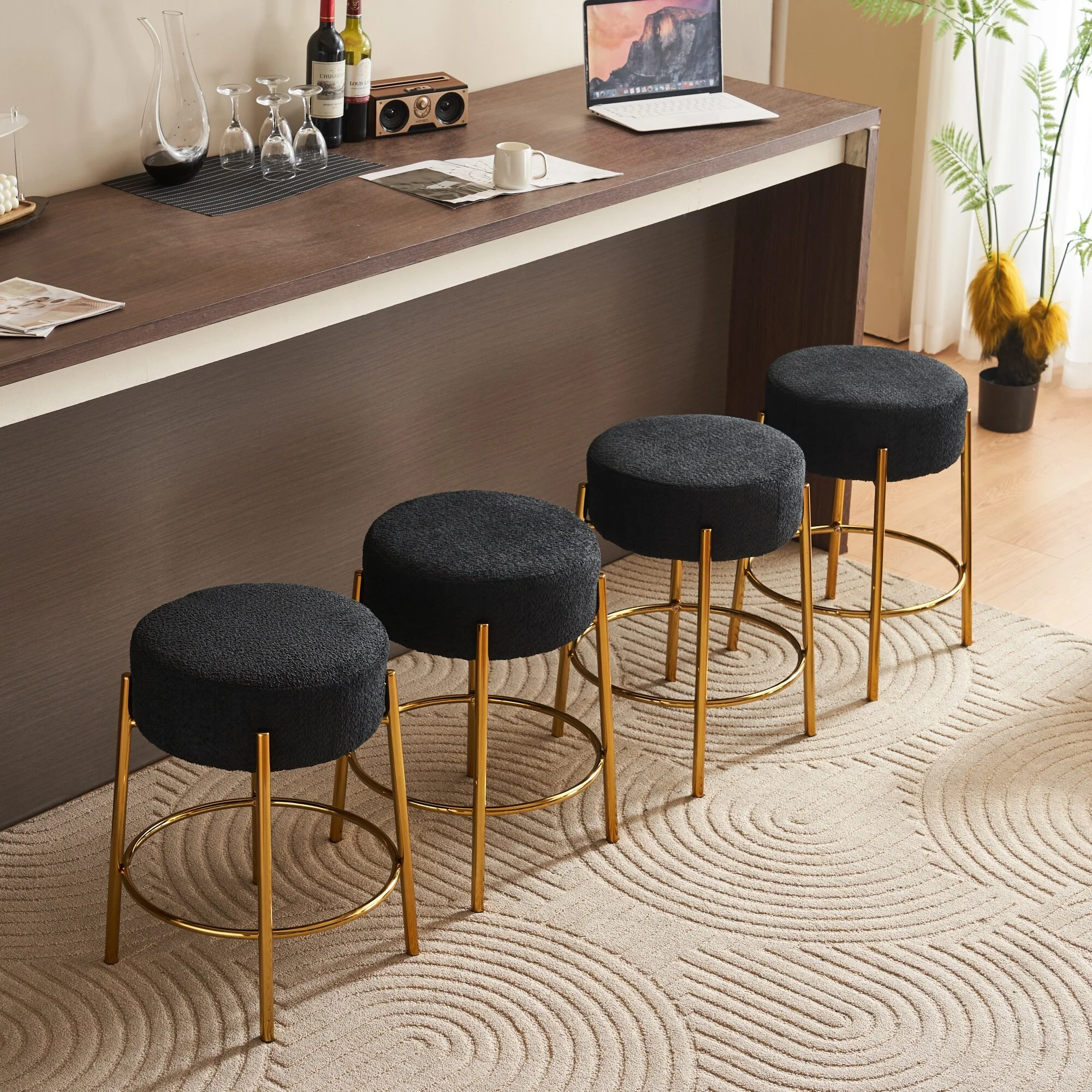 Round Bar Stools Set of 2, Upholstered Kitchen Stools with Metal Base, Counter Height Bar Stools with Backless