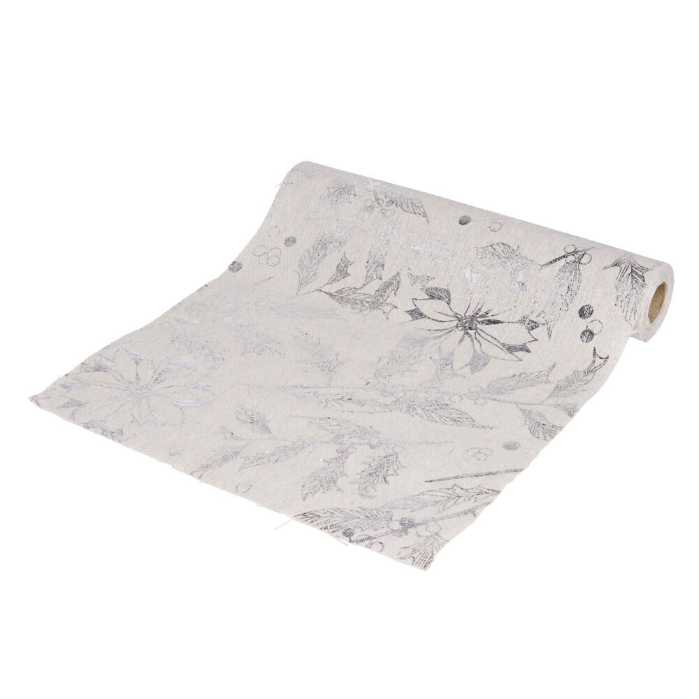 Chemin de table beige motif feuillage argenté 3m