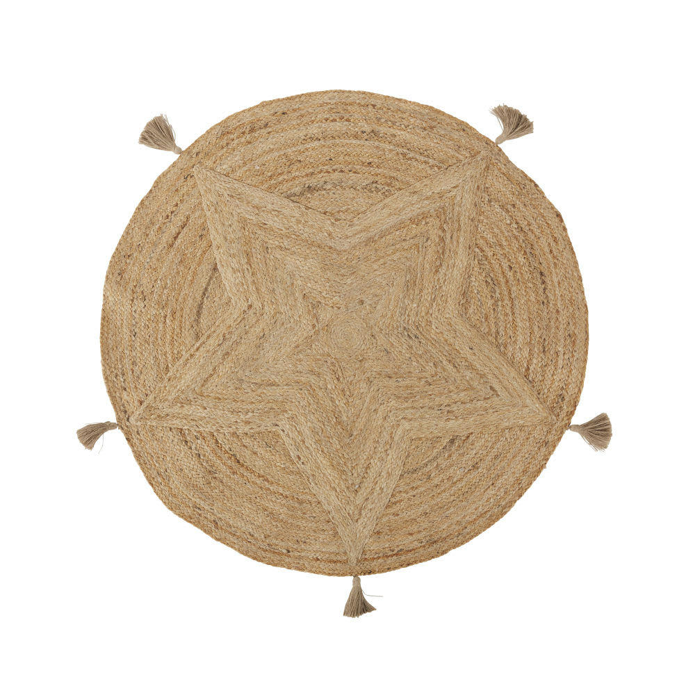 STAR - Tapis rond en jute étoile tressée à pompons beige D110