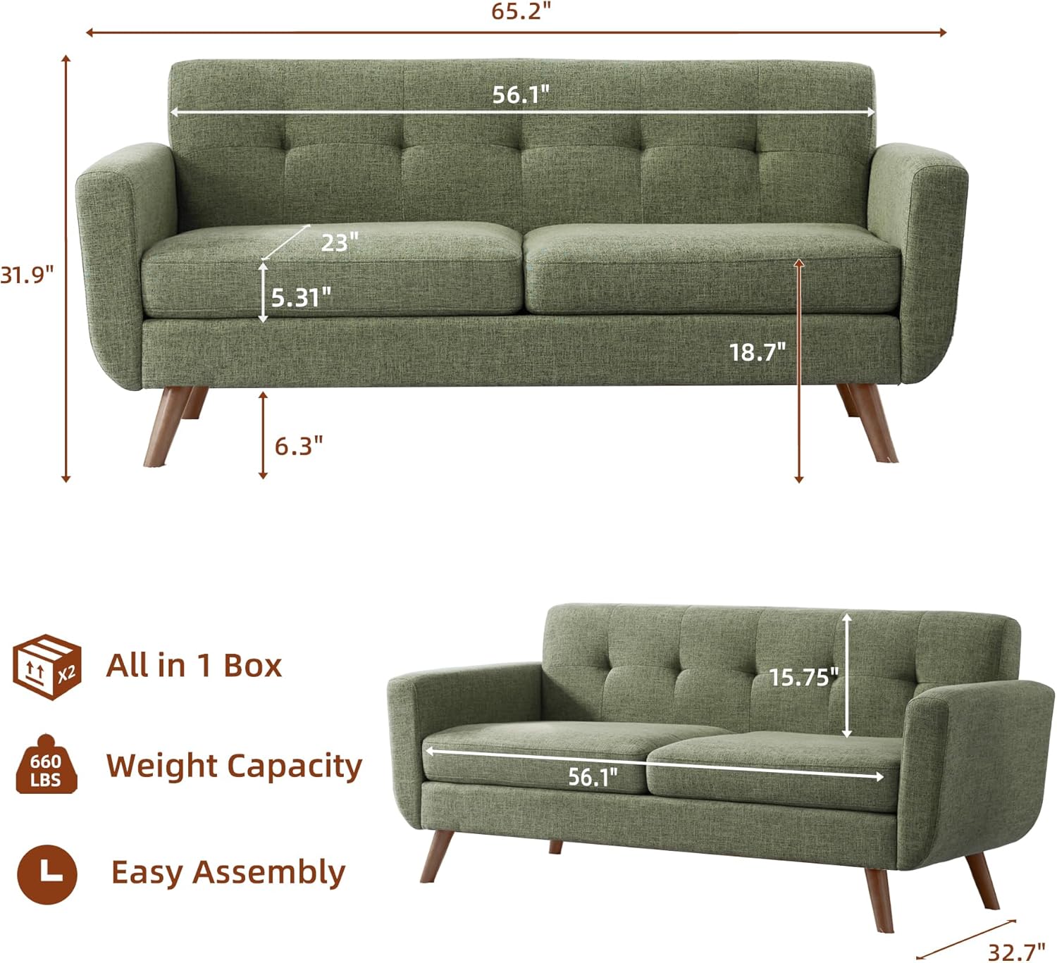 Tbfit 65 W Loveseat Sofa, Mid Century Modern Couches Love Seats for Living Room, Button Tufted Upholstered Small Couch for Bedroom, Solid and Easy to Install Love Seats Furniture, Green | linen fabric, button tufted, solid wood foot, pocket spring,