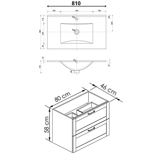 Meuble salle de bain 80 cm - Plan vasque céramique - Effet chêne hamilton - A suspendre - Cambridge
