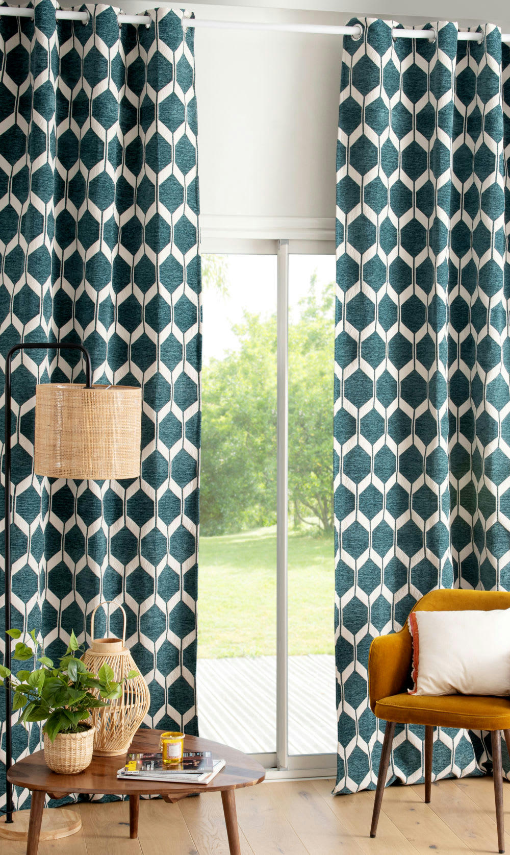 ASTON - Rideau à œillets tissé jacquard chenillé blanc et vert à l'unité 140x300