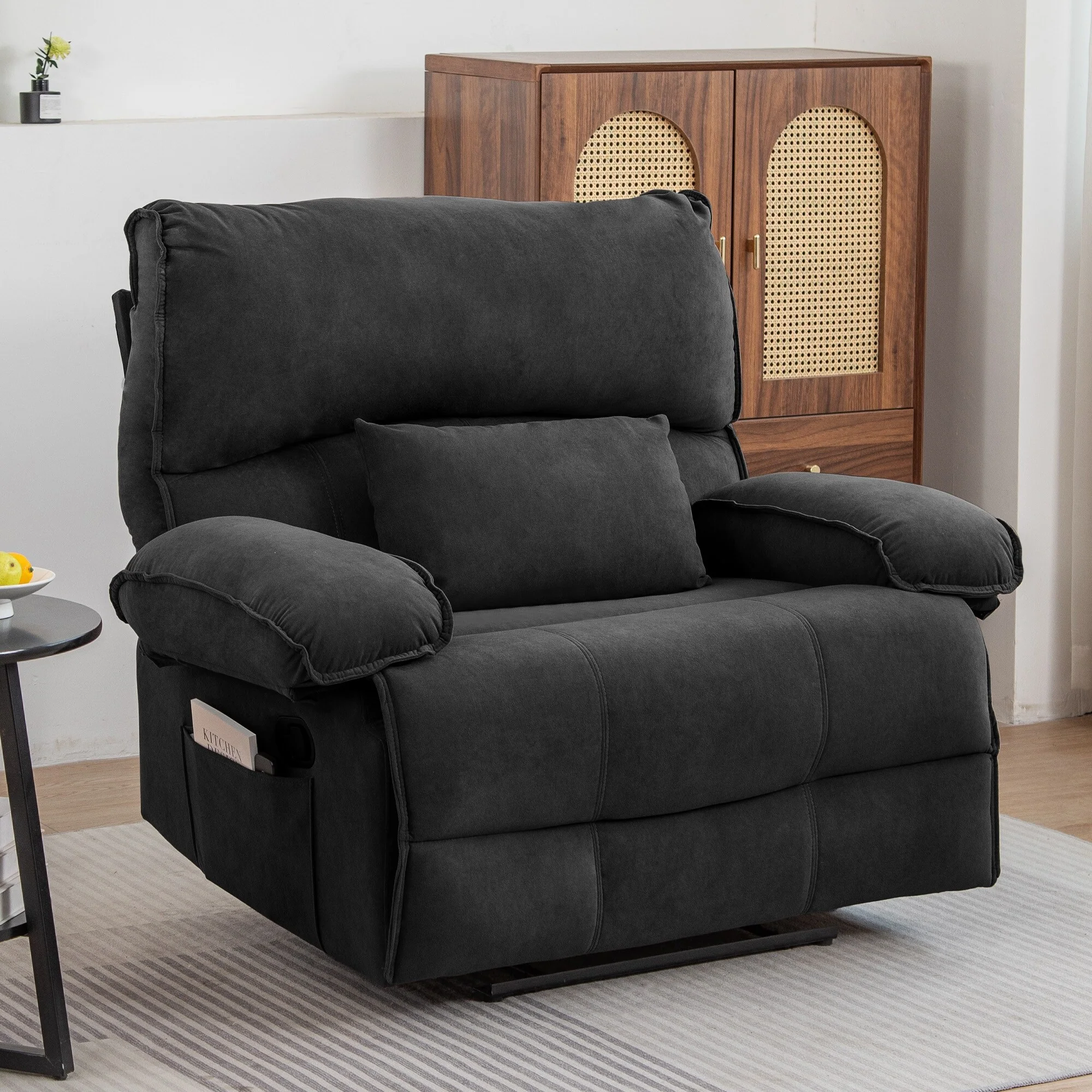 Grey Extra-Wide Push-Back Recliner with Heated Massage Pillow, Soft Fleece Fabric Upholstery