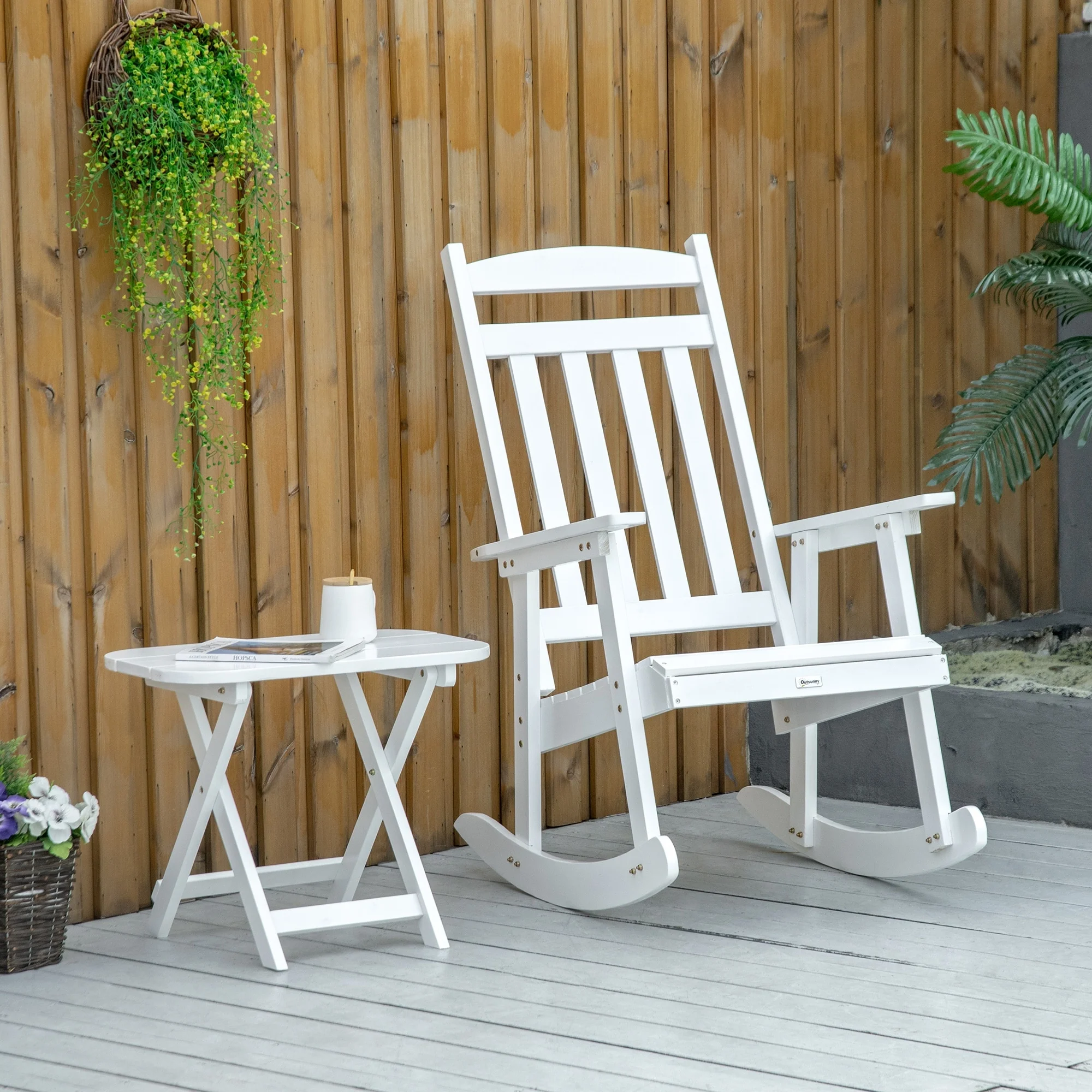 Outsunny Wooden Rocking Chair Set, 2-Piece Outdoor Porch Rocker with Foldable Table