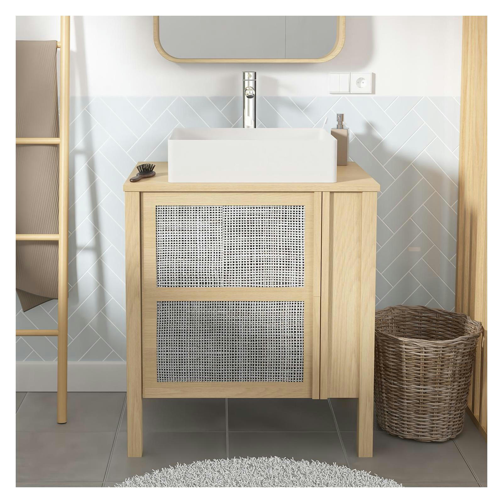 NESTO - Meuble simple vasque 70cm chêne  porte cannage + vasque + robinet