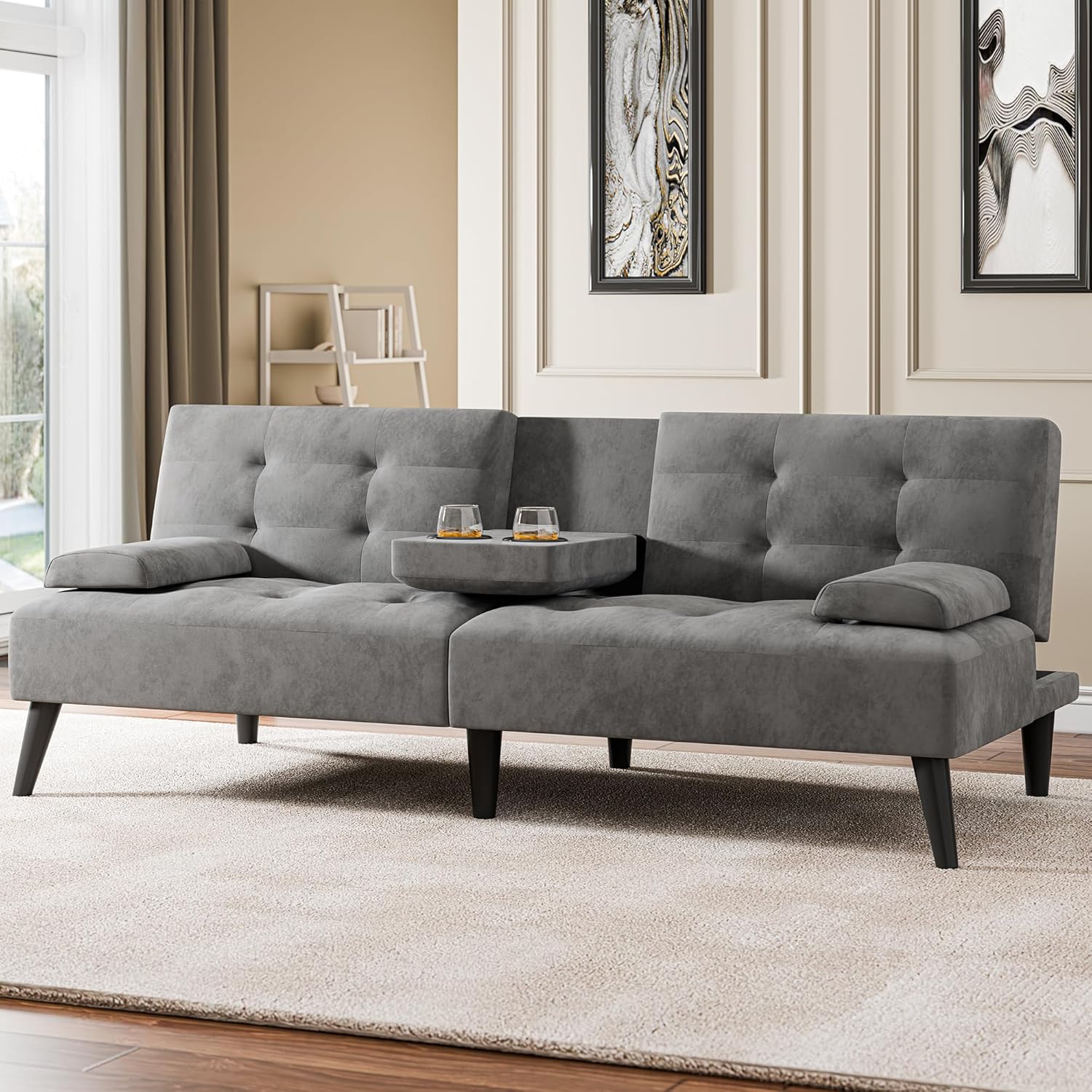 Meilocar 64 Futon Sofa Bed, Convertible Loveseat with 2 Cup Holders, Small Couch with 3 Adjustable Angles & Armrests, Sleeper Sofa for Small Apartment, Office, Dark Grey | small couch