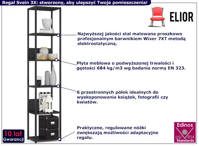 Industrialny czarny regał z 6 półkami - Lureon