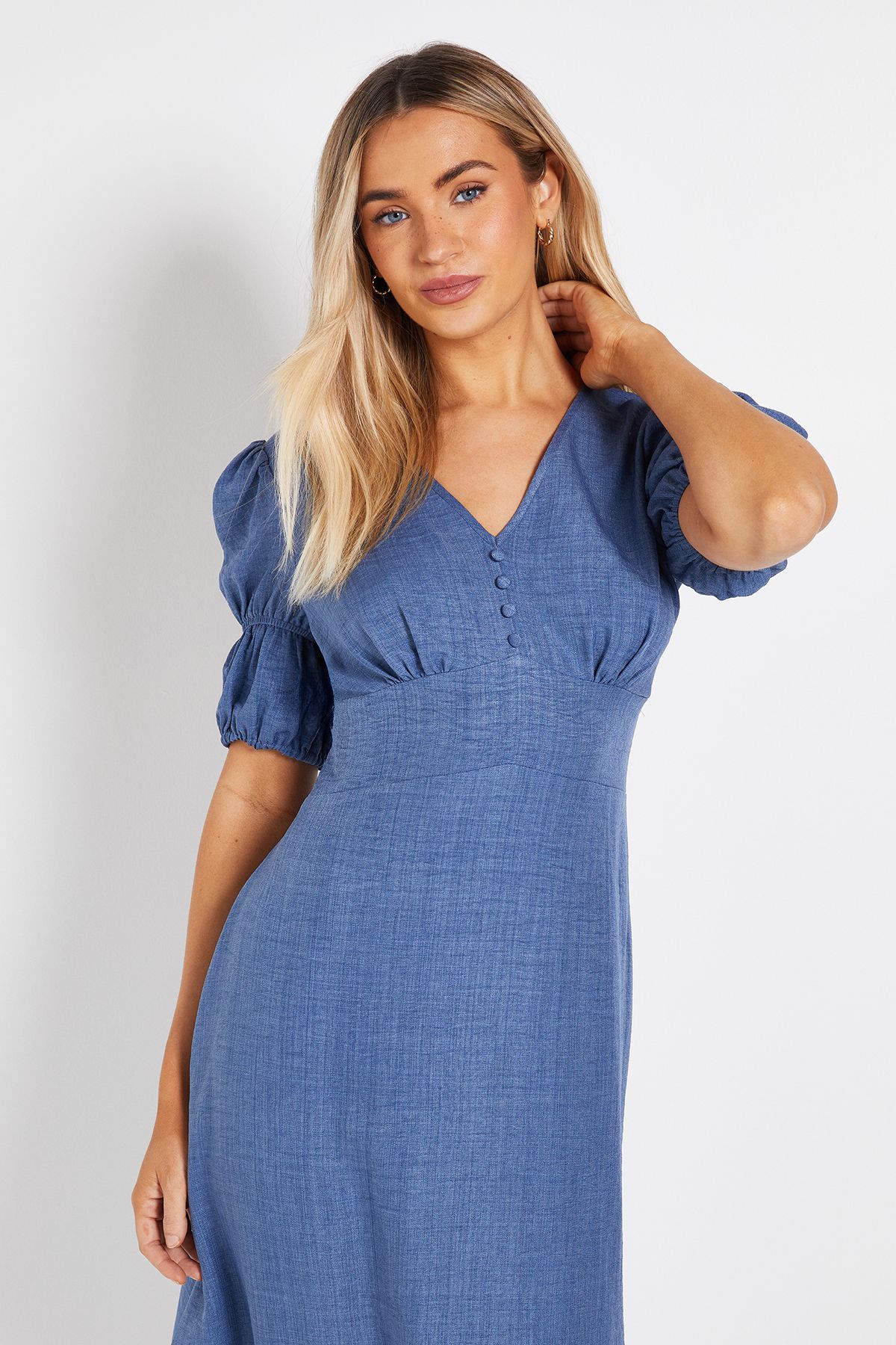 Dorothy Perkins Denim Look Double Puff Sleeve Midi Dress