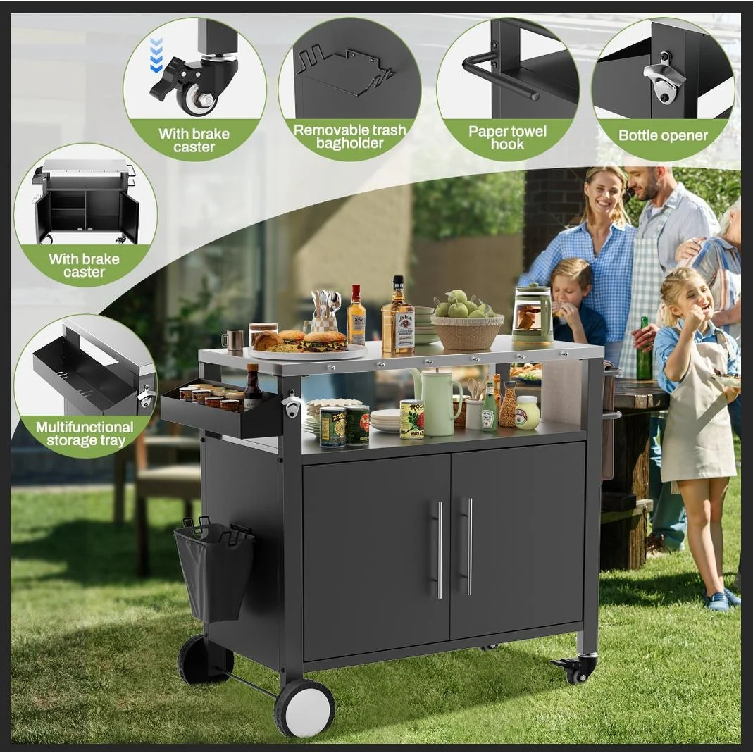 Two Doors Outdoor Grill Cart with Patio Furniture, Outdoor Grill Table with Storage,Rolling Bar Cart Outdoor BBQ Cart