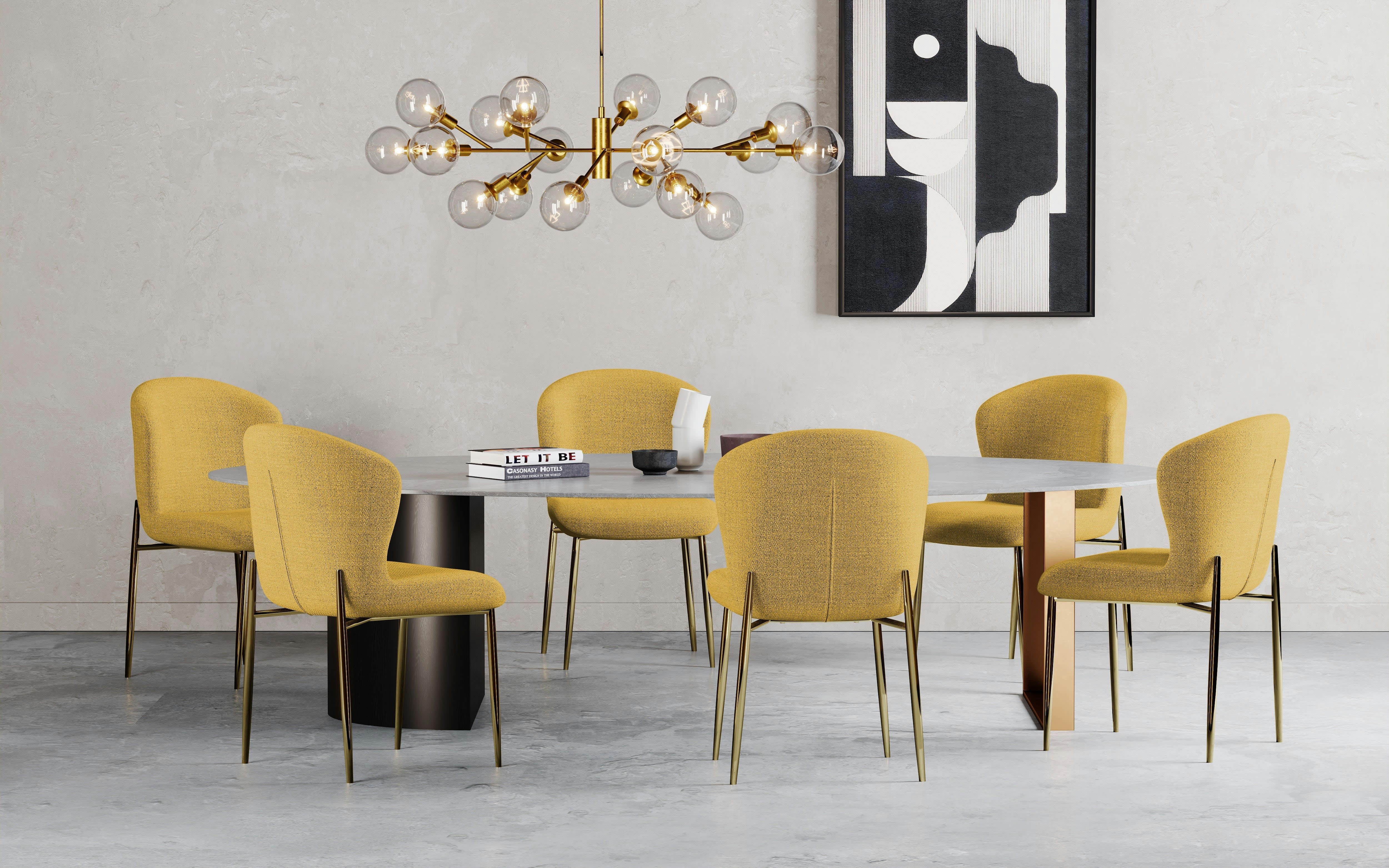 SOLVEIG - Lot de 2 chaises  tissu moutarde pieds or