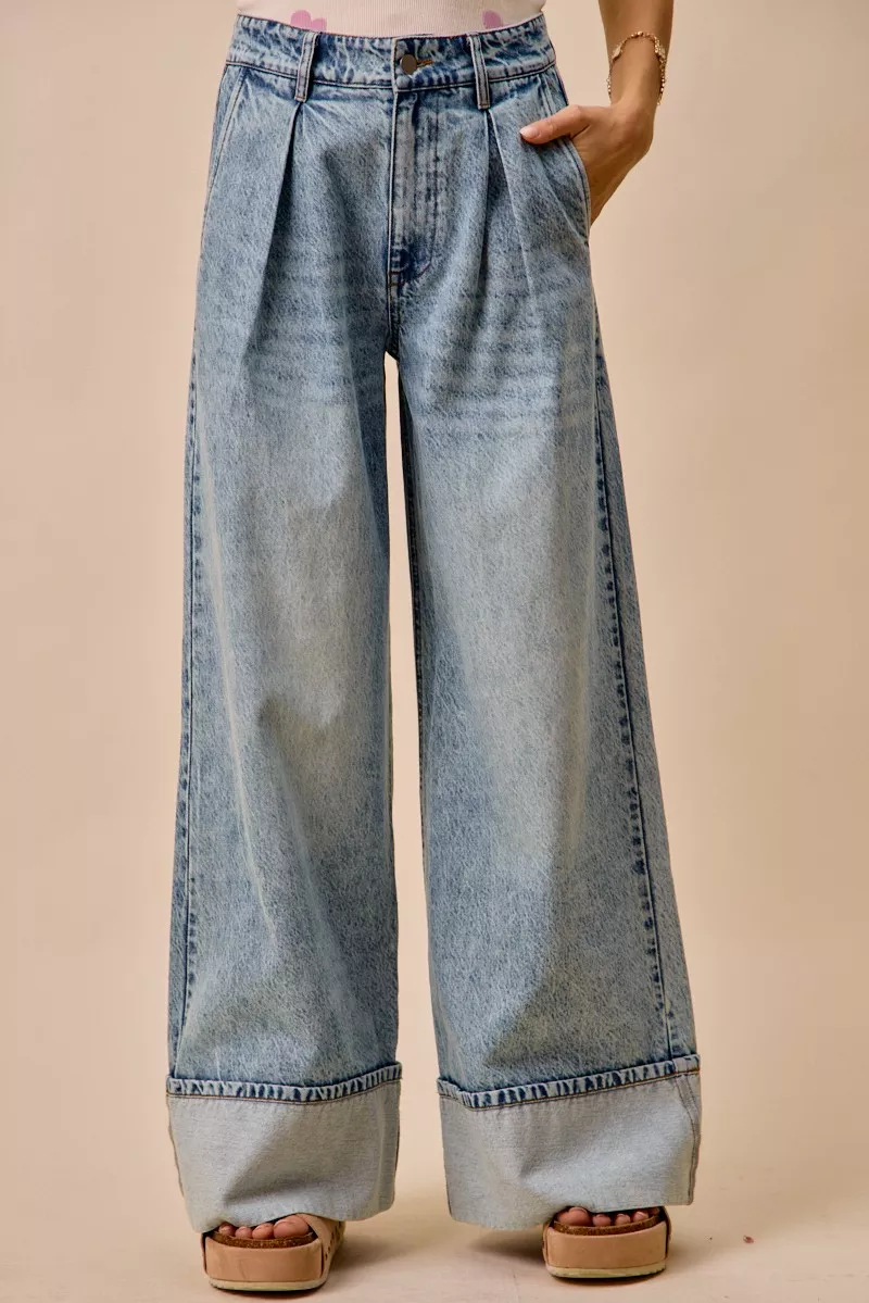 Mid Rise Plated Wid Leg Denim Jean