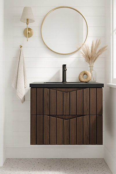 Meuble de salle de bain sous vasque suspendu STELLA coloris noyer 60 cm façades rainurées