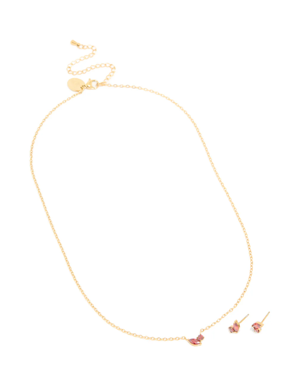 Waterproof Gold Plated Stainless Steel January Red Cubic Zirconia Birthstone Necklace & Earrings Set