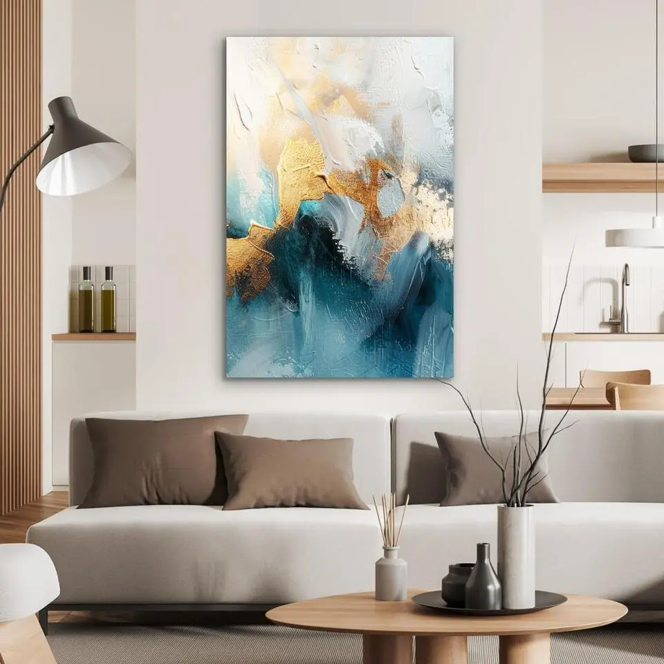 MuchoWow Aluminium Schilderij 60x90cm Abstract Kunst Gold Blauw