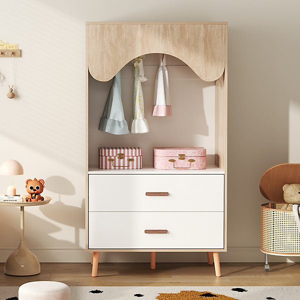 Armoire 80x46x141,5 cm avec penderie et 2 tiroirs, profil supérieur arrondi, style scandinave blanc et bois naturel
