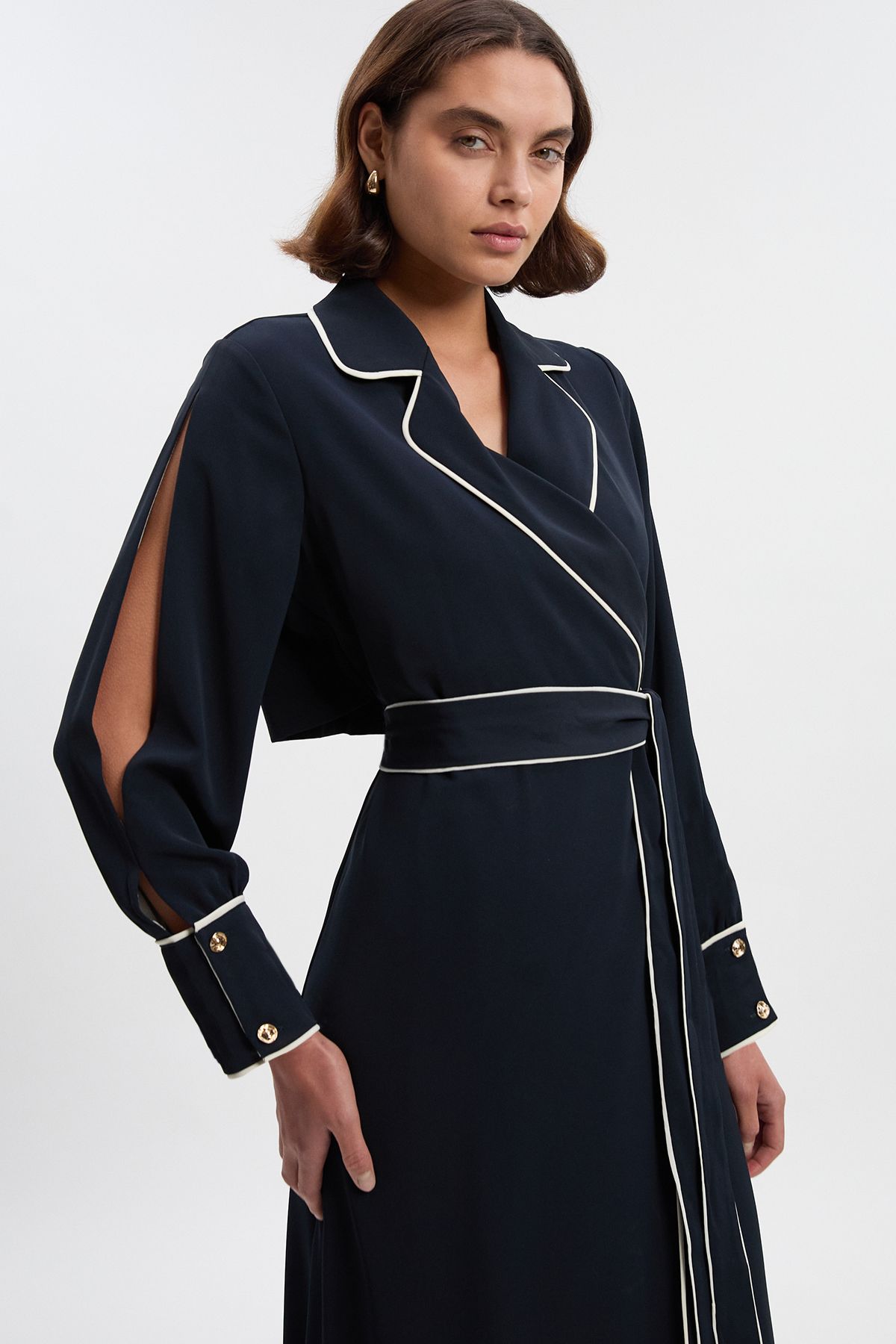 KarenMillen Contrast Tipping Tie Waist Long Sleeve Woven Trench Midi Dress