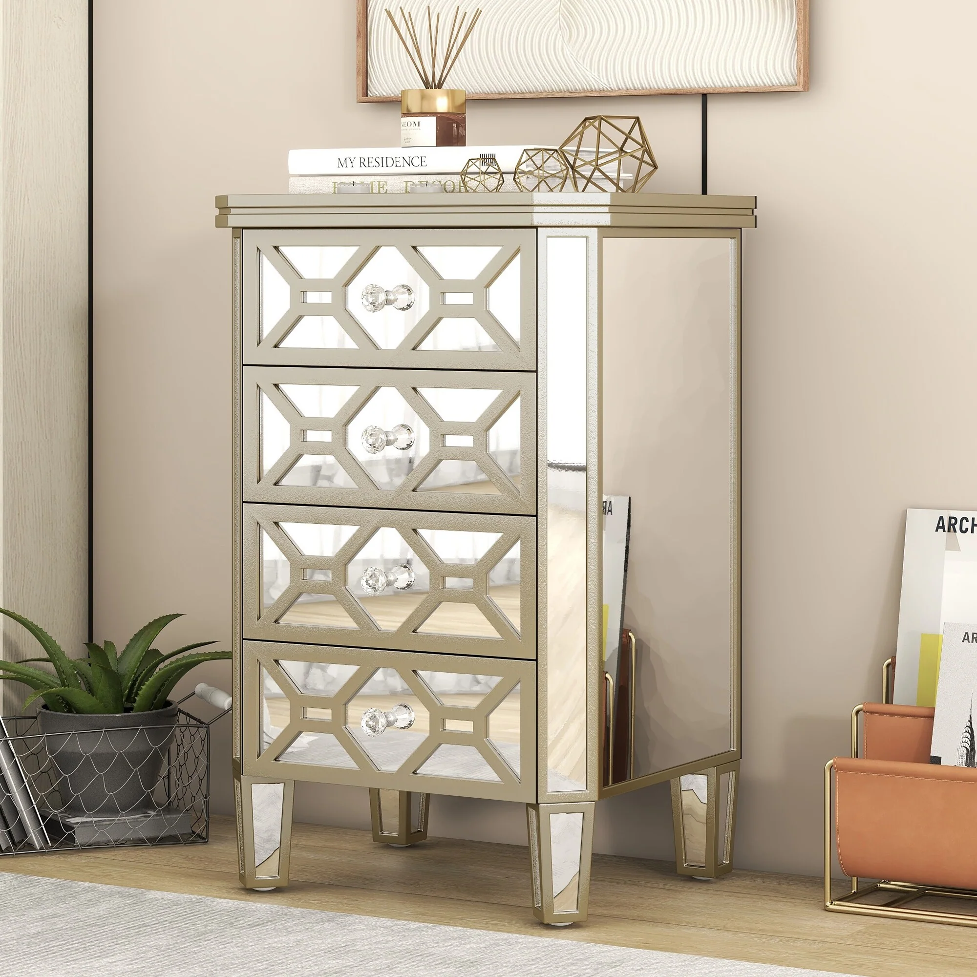 Elegant Mirrored 4-Drawer Vertical Chest with Golden Lines, Storage Cabinet for Bedroom,Living Room