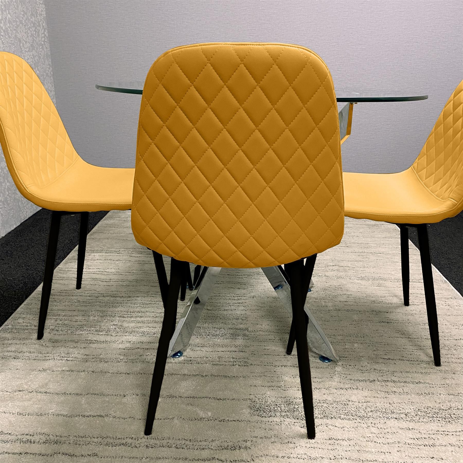 KOSY KOALA Round Glass Dining Table Set With 4 Mustard Gem Pattern Chairs Dining Room Furniture