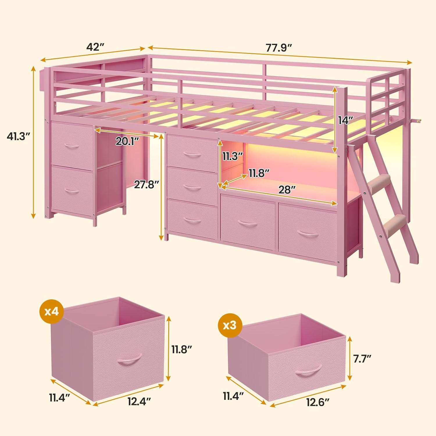 ADORNEVE Low Loft Bed Twin Size with 7 Storage Drawers, Bookcase and LED Lights, Metal Kids Loft Bed with 14 H Safety Guardrail,Inclined Ladder and Play Curtain, Under-Bed Play Space,Pink