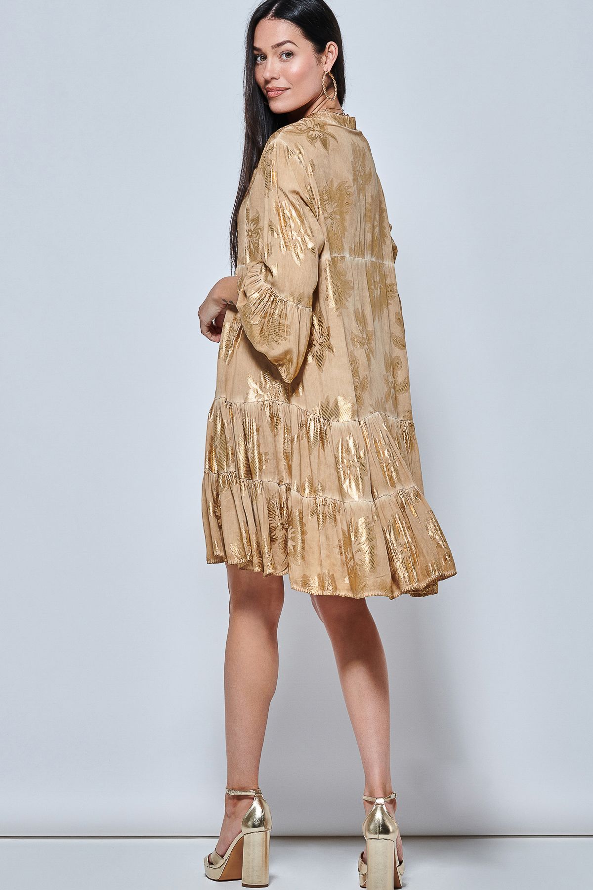 Jolie Moi Printed Tiered Hem Holiday Midi Dress