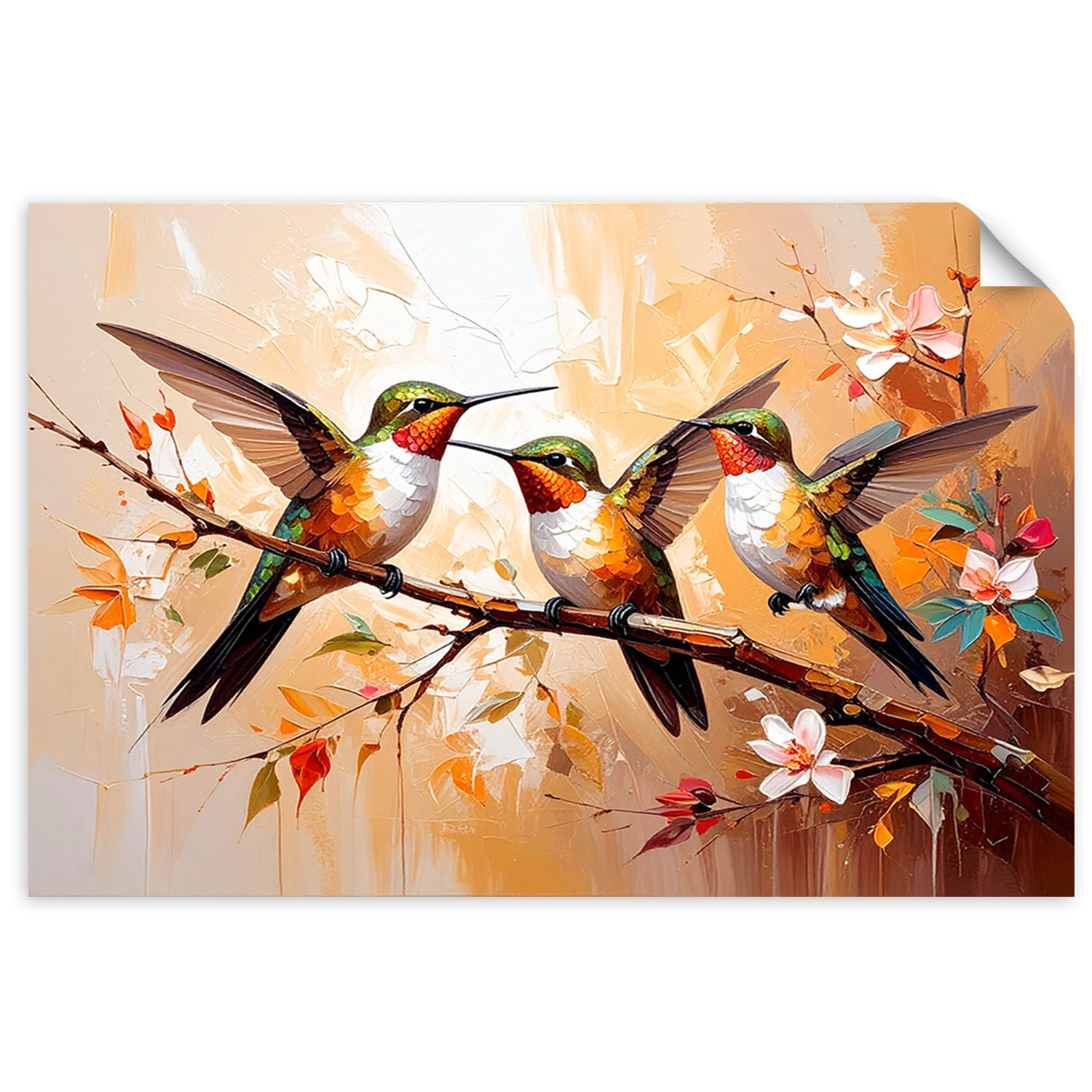 Naklejka samoprzylepna Feeby Kolorowe Kolibry Ptaki na beżowym tle 30x20