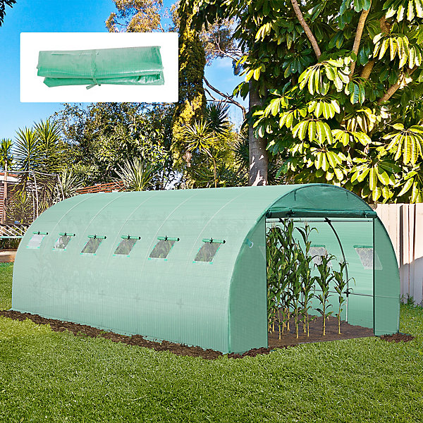 Bâche de rechange serre tunnel 18 m², bâche dim. 6L x 3l x 2H m PE anti-UV imperméable 12 fenêtres   porte enroulable zippée vert