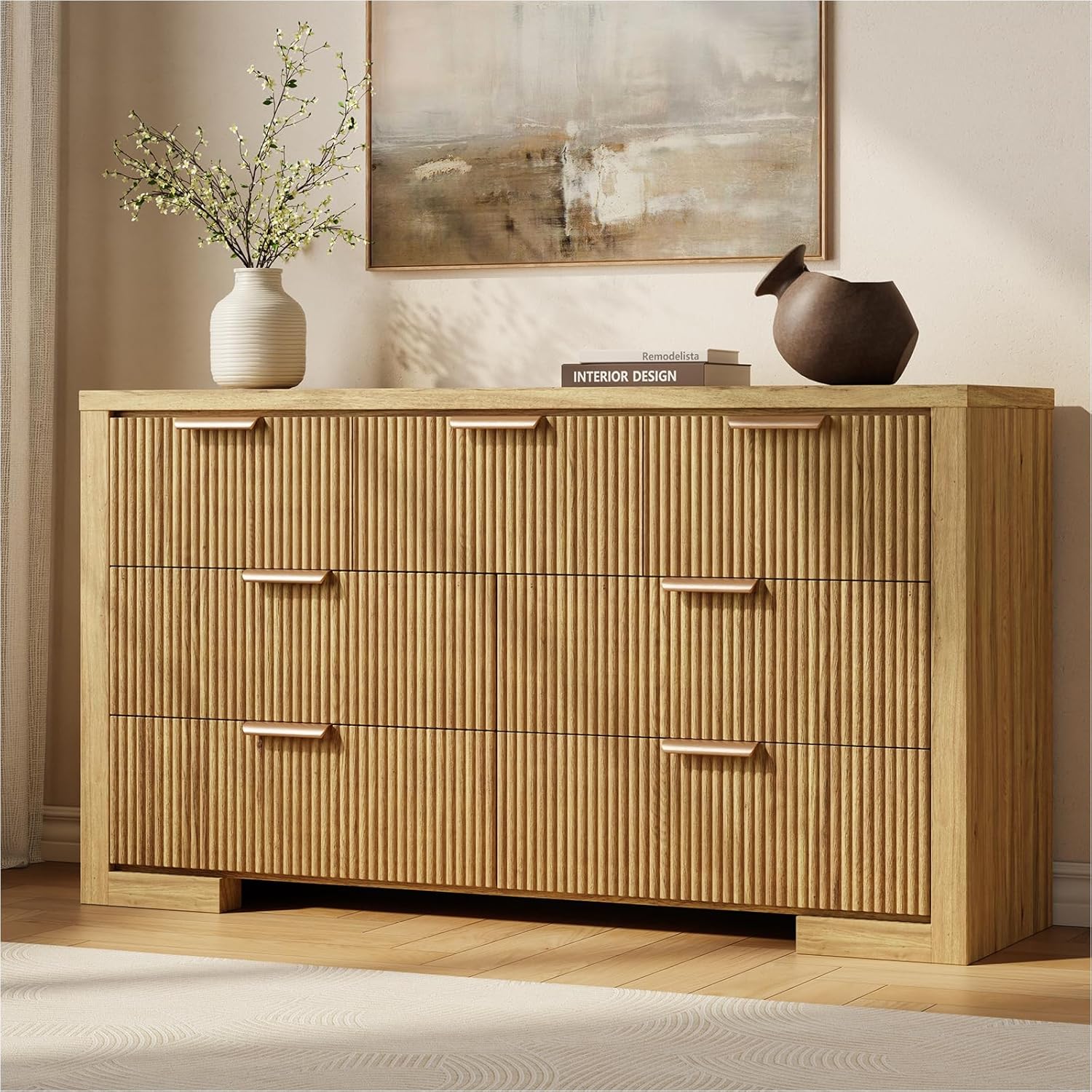 Fluted Dresser for Bedroom, 7 Drawer Dresser with Gold Handle, 54 Wide Chest of Drawers, Modern Wood Dressers Organizer for Bedroom, Liveroom, Entryway, Natural Oak