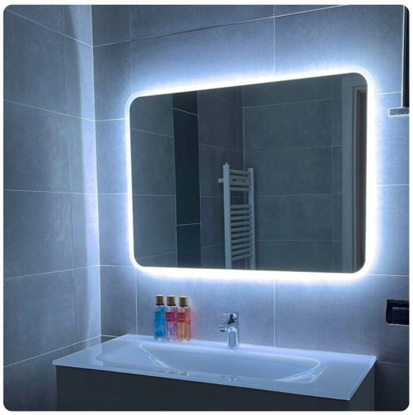 Lustro led 60x50 cm zaokrąglone rogi piaskowane podświetlane   cob 480 diod