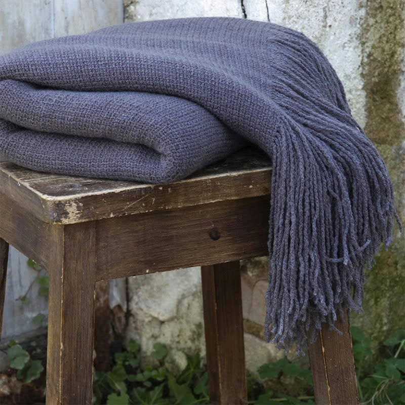 SACHA - Plaid maille à franges anthracite 125x150cm