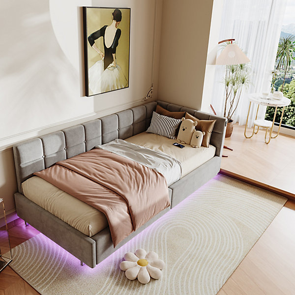 Lit Coffre Enfant 90x200cm Avec Coffre Hydraulique,éclairage LED Et USB,avec Sommier à Lattes,gris