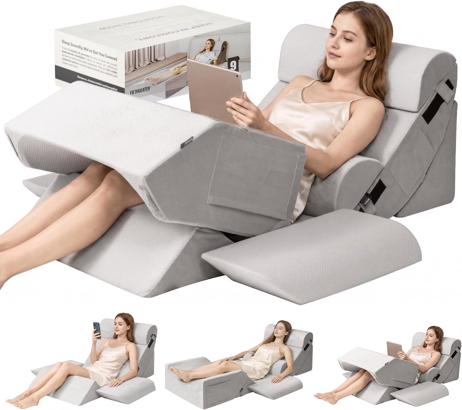 9PCS Orthopedic Bed Wedge Pillow Set for After Surgery Recovery, Body Positioners for Back and Leg Pain Relief, Adjustable Memory Foam Comfort for Sitting up in Bed, Ideal for Adult Acid Reflux & GERD