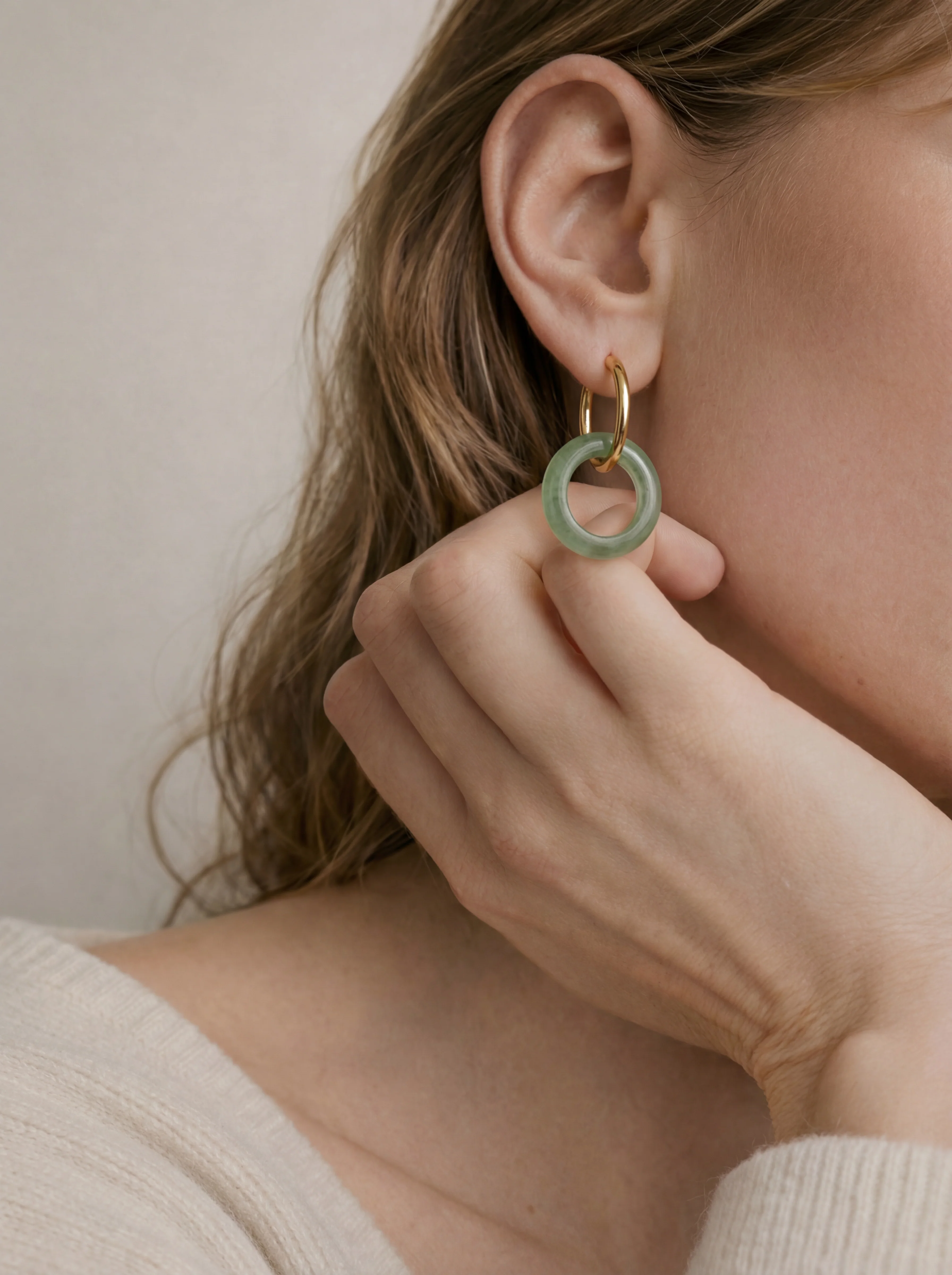Amelie Skinny — Jade Stone Hoop Earrings in Green