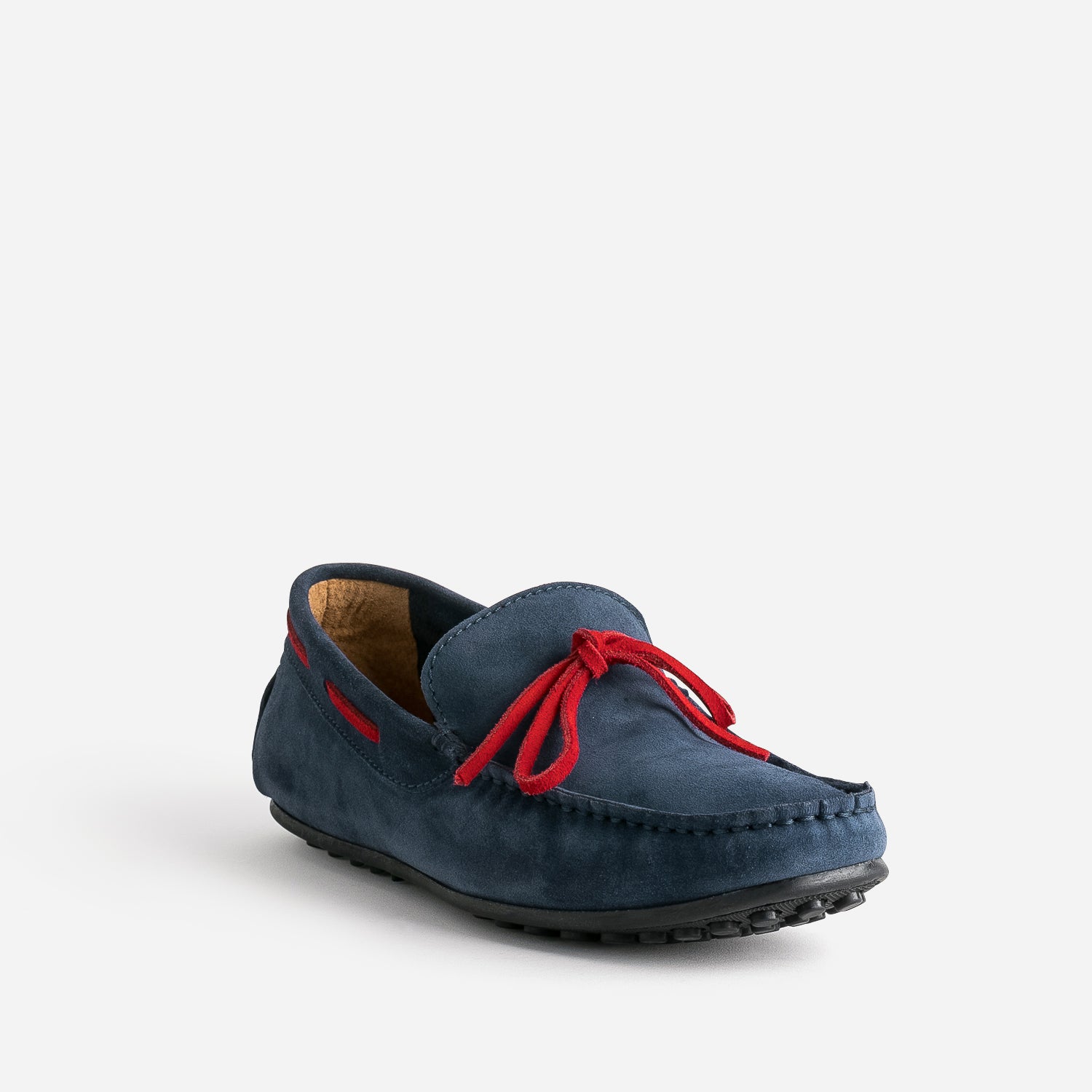 Mocassin marine cuir velours lacet rouge