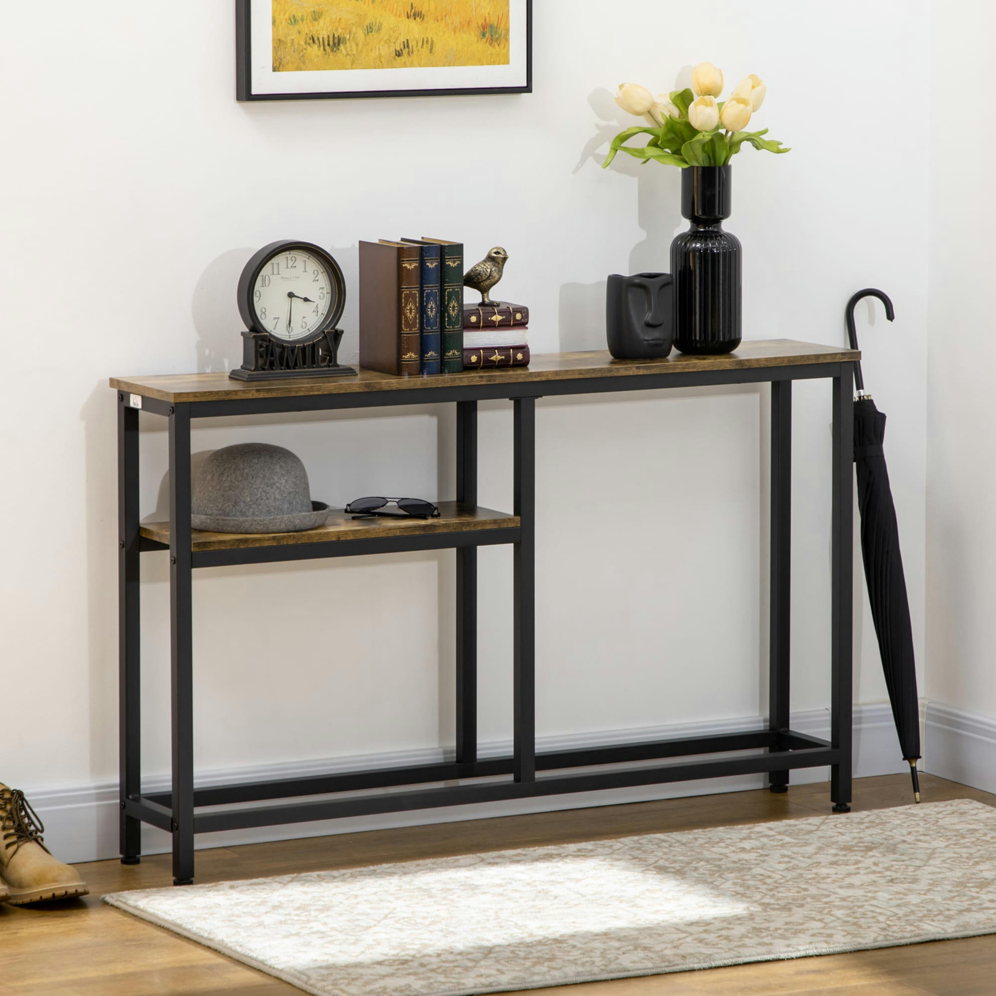 - Console design industriel 2 étagères acier noir aspect bois vieilli