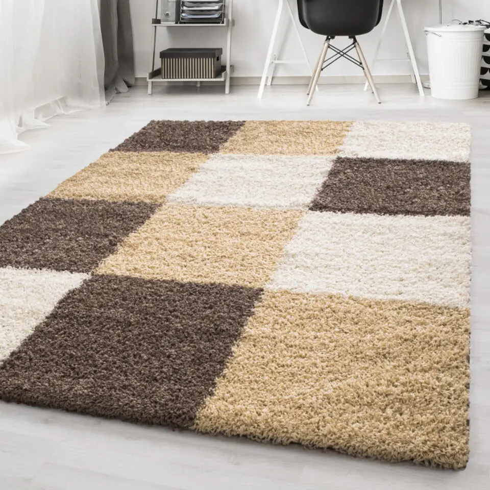 Basic Shaggy Geblokt vloerkleed Bruin / Beige Hoogpolig - 120x170 CM