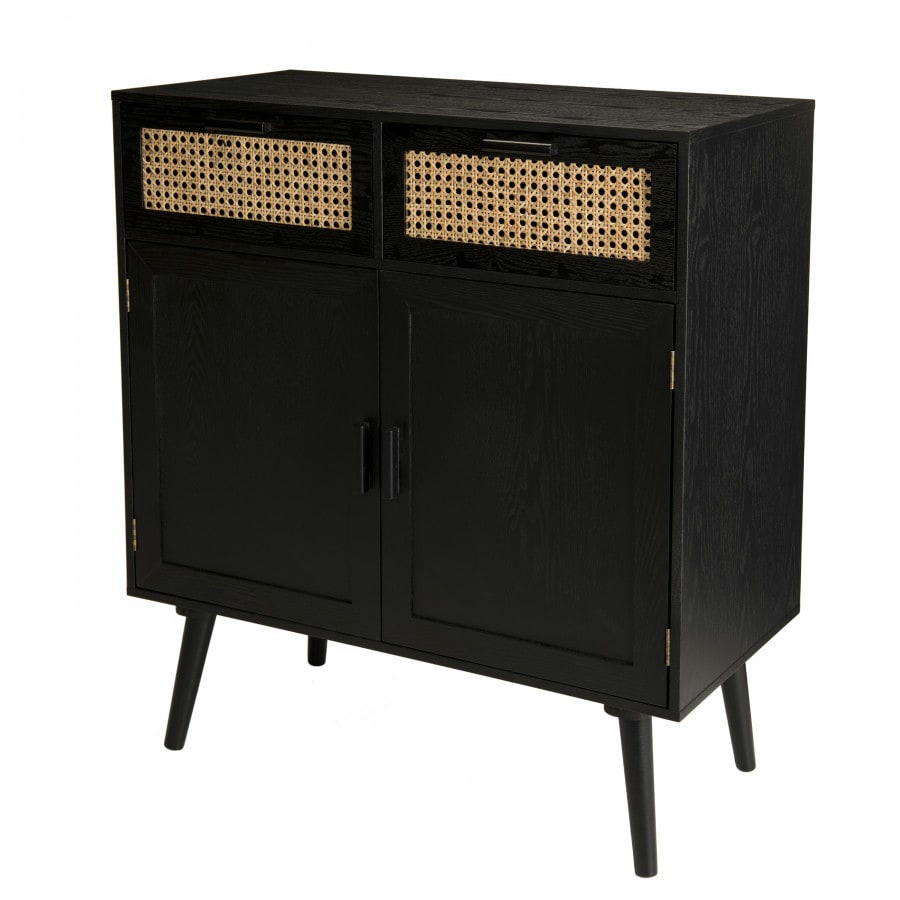 EMILIO - Buffet en bois 2 portes 2 tiroirs cannage noir