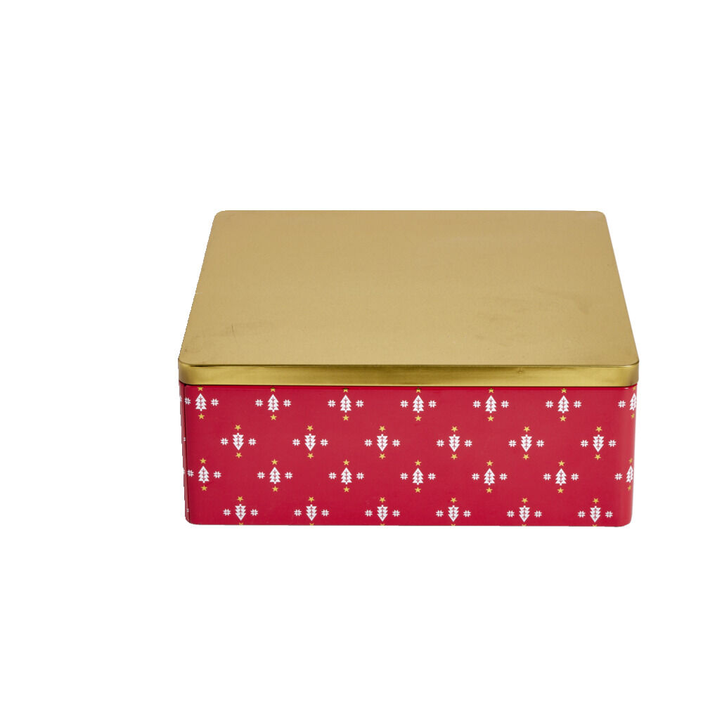 BoÎte alimentaire carrée motif No&euml;l métal rouge et dorée 26x26xH10cm